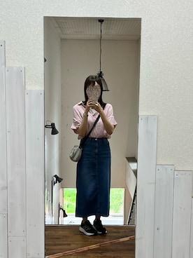「Honeys（ハニーズ）のデニムナロースカート（デニムスカート、ブルー系）」を使った、@buru1113さん（レディース・158cm）の夏コーディネート