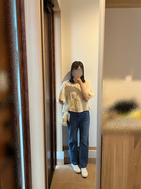「GU（ジーユー）のアイテム（シャツ/ブラウス、ベージュ系）」を使った、@buru1113さん（レディース・158cm）の夏コーディネート