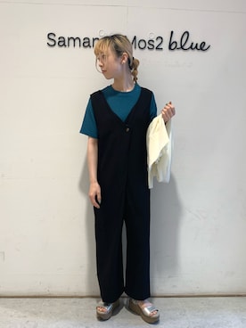 「Samansa Mos2 blue（サマンサモスモスブルー）のアイテム（サロペット/オーバーオール）」を使った、kanakoさん（レディース・158cm）の夏コーディネート