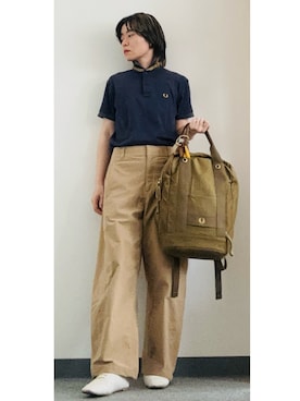 「FRED PERRY（フレッドペリー）のリュック（バックパック/リュック、グリーン系）」を使った、takkeさん（メンズ・154cm）の秋コーディネート