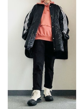 「adidas（アディダス）のAlways Original スナップボタン パーカー  / アディダスオリジナルス (レディース)（パーカー、オレンジ系）」を使った、takkeさん（メンズ・154cm）の春コーディネート