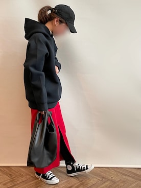 「newhattan（ニューハッタン）の【newhattan】  ニューハッタン キャップ STONE WASHED TWILL CAP（キャップ、ブラック系）」を使った、𝚀-𝚌𝚑𝚊𝚗さん（レディース・158cm）の冬コーディネート