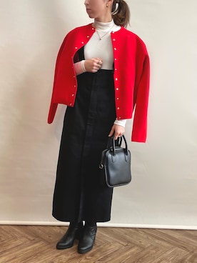 「VACANCY（ヴァカンシー）のアソートボタンニットカーディガン（カーディガン/ボレロ、オレンジ系）」を使った、𝚀-𝚌𝚑𝚊𝚗さん（レディース・158cm）の冬コーディネート