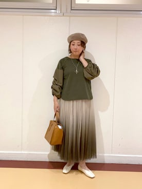 「Chez toi（シェトワ）のグラデーションボリュームチュールスカート（スカート、グリーン系）」を使った、たかぽんさん（レディース・163cm）の秋コーディネート