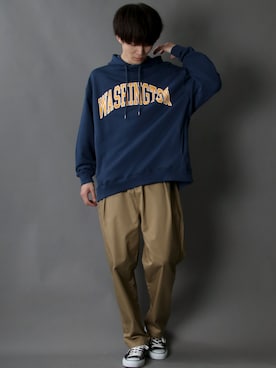 「SITRY（シトリー）のloose tapered tuck wide Pants/ルーズ テーパード タック ワイドパンツ（スラックス）」を使った、狩野 博文さん（メンズ・178cm）の冬コーディネート