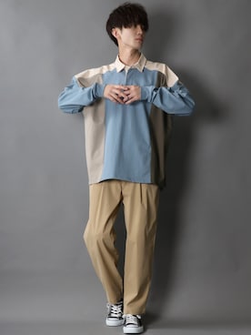 「SITRY（シトリー）のloose tapered tuck wide Pants/ルーズ テーパード タック ワイドパンツ（スラックス）」を使った、狩野 博文さん（メンズ・178cm）の秋コーディネート