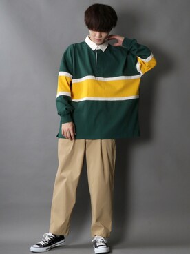 「SITRY（シトリー）のloose tapered tuck wide Pants/ルーズ テーパード タック ワイドパンツ（スラックス）」を使った、狩野 博文さん（メンズ・178cm）の秋コーディネート