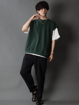 「SITRY（シトリー）のloose tapered tuck wide Pants/ルーズ テーパード タック ワイドパンツ（スラックス）」を使った、狩野 博文さん（メンズ・178cm）の夏コーディネート