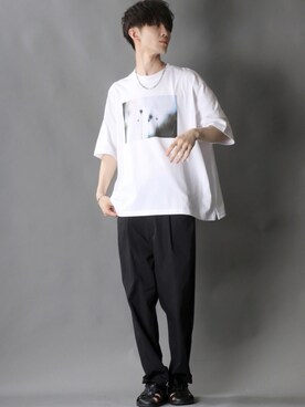 「SITRY（シトリー）のloose tapered tuck wide Pants/ルーズ テーパード タック ワイドパンツ（スラックス）」を使った、狩野 博文さん（メンズ・178cm）の夏コーディネート