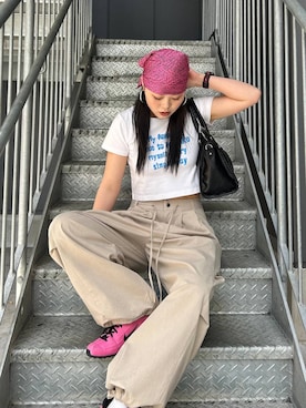 「JEANASIS（ジーナシス）のアンティークステッチボストン/646442（ボストンバッグ、ブラック系）」を使った、masakiさん（レディース・161cm）の春コーディネート