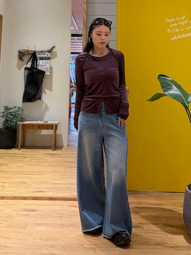 「BAYFLOW（ベイフロー）の2Pセットベロアカーディガン（カーディガン/ボレロ、レッド系）」を使った、masakiさん（レディース・161cm）の秋コーディネート