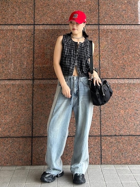 「JEANASIS（ジーナシス）のチェーンハンドルキンチャクBAG/1023355（ショルダーバッグ、ブラック系）」を使った、masakiさん（レディース・161cm）の夏コーディネート