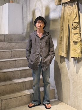 「Toironier（トワロニエ）のToironier/トワロニエ/HOODED SHIRTS（シャツ/ブラウス、ブラック系）」を使った、野口心さん（メンズ・175cm）の夏コーディネート