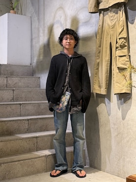 「Toironier（トワロニエ）のToironier/トワロニエ/HOODED SHIRTS（シャツ/ブラウス、ブラック系）」を使った、野口心さん（メンズ・175cm）の夏コーディネート