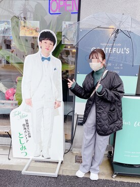 「アイテム（ノーカラーコート、ブラウン系）」を使った、みやけさん（レディース・155cm）の冬コーディネート