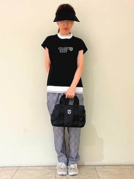 「adabat（アダバット）の【ADABAT NAVY】吸水速乾/接触冷感 フレンチスリーブモックT（Tシャツ/カットソー、ホワイト系）」を使った、kumamotoadabateriさん（レディース）の夏コーディネート