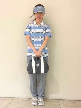 「adabat（アダバット）の【ADABAT NAVY】UVカット ランダムボーダー半袖ポロシャツ（ポロシャツ、ブルー系）」を使った、kumamotoadabateriさん（レディース）の夏コーディネート