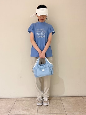 「adabat（アダバット）の【吸水速乾】UVメッセージロゴモックT（Tシャツ/カットソー、ブルー系）」を使った、kumamotoadabateriさん（レディース）の夏コーディネート
