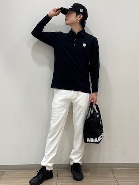 「adabat（アダバット）の【ADABAT NAVY】トゥースチェックジャカード長袖ポロシャツ（ポロシャツ、ブルー系）」を使った、sora1112314さん（メンズ）の夏コーディネート