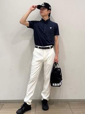 「adabat（アダバット）の【ADABAT NAVY】UVケア/接触冷感　クールタッチカノコワッペン半袖ポロシャツ（ポロシャツ、ブルー系）」を使った、sora1112314さん（メンズ）の夏コーディネート