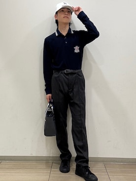 「adabat（アダバット）のグランサーモカノコ長袖ポロ（ポロシャツ、ブルー系）」を使った、sora1112314さん（メンズ）の秋コーディネート