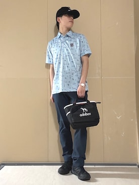 「adabat（アダバット）の【ADABAT NAVY】吸水速乾/UVカット サルーキサマーロゴプリント半袖ポロシャツ（ポロシャツ、ブルー系）」を使った、sora1112314さん（メンズ）の夏コーディネート