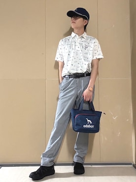 「adabat（アダバット）の【ADABAT NAVY】吸水速乾/UVカット サルーキサマーロゴプリント半袖ポロシャツ（ポロシャツ、ホワイト系）」を使った、sora1112314さん（メンズ）の夏コーディネート