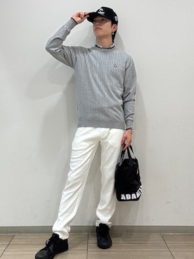 「adabat（アダバット）の【ADABAT NAVY】針抜きリブハイゲージクルーニット（ニット/セーター、グレー系）」を使った、sora1112314さん（メンズ）の夏コーディネート