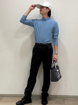 「adabat（アダバット）のロゴボーダージャカードモックT（Tシャツ/カットソー、ブルー系）」を使った、sora1112314さん（メンズ）の秋コーディネート