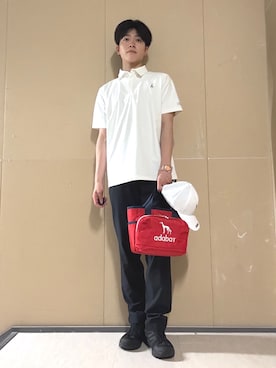 「ADABAT STREAM（アダバットストリーム）の接触冷感/UVカット クールハイテンション半袖ポロシャツ（ポロシャツ、ホワイト系）」を使った、sora1112314さん（メンズ）の春コーディネート