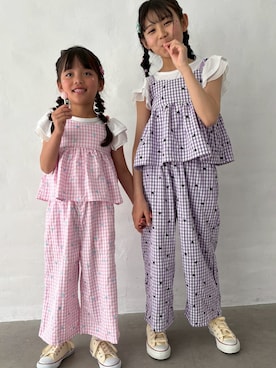 「Fluffy BROTHERS（フラッフィーブラザーズ）のチェックビスチェ（キャミソール、パープル系）」を使った、fluffybrothersさん（キッズ・120cm）の夏コーディネート
