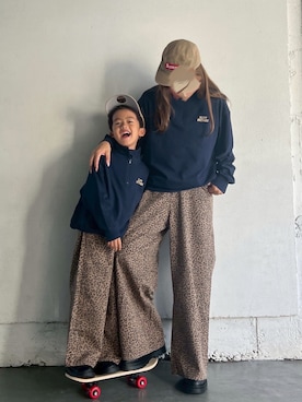 「Fluffy BROTHERS（フラッフィーブラザーズ）のハーフジップトレーナー（大人サイズ）（スウェット、ブルー系）」を使った、fluffybrothersさん（キッズ・120cm）の春コーディネート