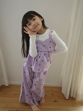 「Fluffy BROTHERS（フラッフィーブラザーズ）のチェックビスチェ（キャミソール、パープル系）」を使った、fluffybrothersさん（キッズ・120cm）の夏コーディネート