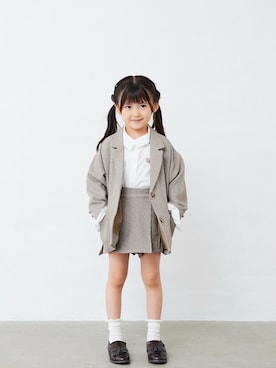 「Fluffy BROTHERS（フラッフィーブラザーズ）の千鳥柄ジャケット（テーラードジャケット、ブラウン系）」を使った、fluffybrothersさん（キッズ・120cm）の冬コーディネート