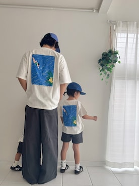 「Fluffy BROTHERS（フラッフィーブラザーズ）のパネルプリントTシャツ（大人サイズ）（Tシャツ/カットソー、ホワイト系）」を使った、fluffybrothersさん（キッズ・120cm）の夏コーディネート