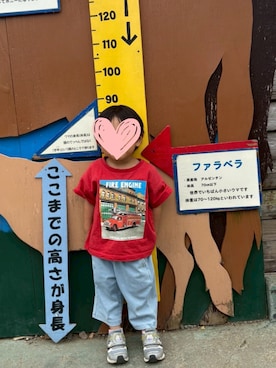 「Fluffy BROTHERS（フラッフィーブラザーズ）の働く車プリントTシャツ（Tシャツ/カットソー、レッド系）」を使った、fluffybrothersさん（キッズ・120cm）の夏コーディネート