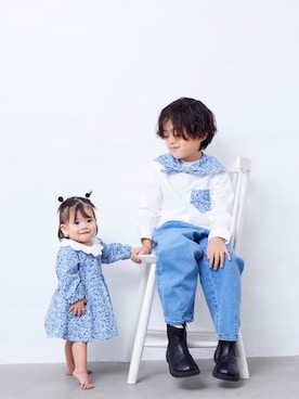 「Fluffy BROTHERS（フラッフィーブラザーズ）のタックパンツ（その他パンツ、ブルー系）」を使った、fluffybrothersさん（キッズ・120cm）の夏コーディネート