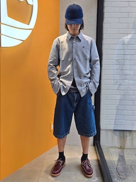 「Timberland（ティンバーランド）のデニム キャップ（キャップ、パープル系）」を使った、YRさん（メンズ・173cm）の夏コーディネート