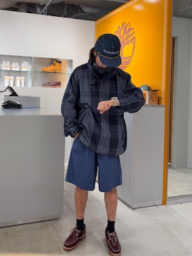 「Timberland（ティンバーランド）のメッシュ トラッカー キャップ（キャップ、ブルー系）」を使った、YRさん（メンズ・173cm）の夏コーディネート