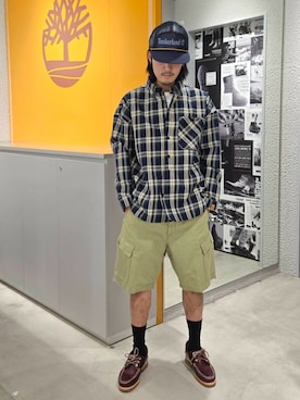 「Timberland（ティンバーランド）のメッシュ トラッカー キャップ（キャップ、ブルー系）」を使った、YRさん（メンズ・173cm）の夏コーディネート