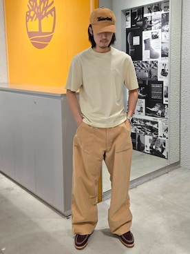 「Timberland（ティンバーランド）のキャンバス エンブロイダリー キャップ（キャップ、ベージュ系）」を使った、YRさん（メンズ・173cm）の夏コーディネート