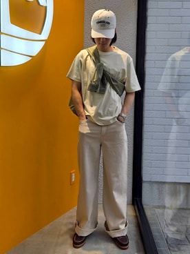 「Timberland（ティンバーランド）の【定番】スリーアイ(3eye) クラシックラグ メンズ（モカシン/デッキシューズ、ブラウン系）」を使った、YRさん（メンズ・173cm）の夏コーディネート