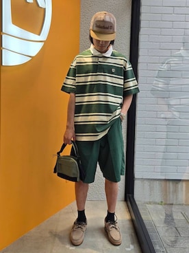 「Timberland（ティンバーランド）のメッシュ トラッカー キャップ（キャップ、ベージュ系）」を使った、YRさん（メンズ・173cm）の夏コーディネート