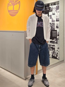 「Timberland（ティンバーランド）のメッシュ トラッカー キャップ（キャップ、ブルー系）」を使った、YRさん（メンズ・173cm）の夏コーディネート