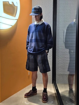 「Timberland（ティンバーランド）のストライプ ラグビー 長袖 ポロシャツ ユニセックス（ポロシャツ、ブルー系）」を使った、YRさん（メンズ・173cm）の夏コーディネート