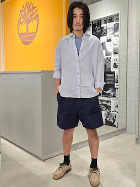 「Timberland（ティンバーランド）のリネン 長袖 シャツ レディース（シャツ/ブラウス、グレー系）」を使った、YRさん（メンズ・173cm）の夏コーディネート