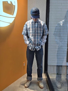 「Timberland（ティンバーランド）のメッシュ トラッカー キャップ（キャップ、ブルー系）」を使った、YRさん（メンズ・173cm）の夏コーディネート