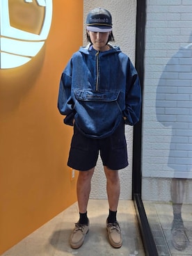 「Timberland（ティンバーランド）のメッシュ トラッカー キャップ（キャップ、ブルー系）」を使った、YRさん（メンズ・173cm）の夏コーディネート