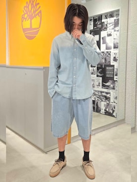 「Timberland（ティンバーランド）のデニム シャツ メンズ（シャツ/ブラウス、ベージュ系）」を使った、YRさん（メンズ・173cm）の夏コーディネート