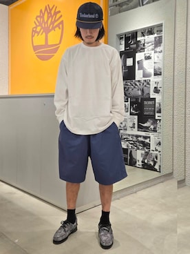 「Timberland（ティンバーランド）のメッシュ トラッカー キャップ（キャップ、ブルー系）」を使った、YRさん（メンズ・173cm）の夏コーディネート